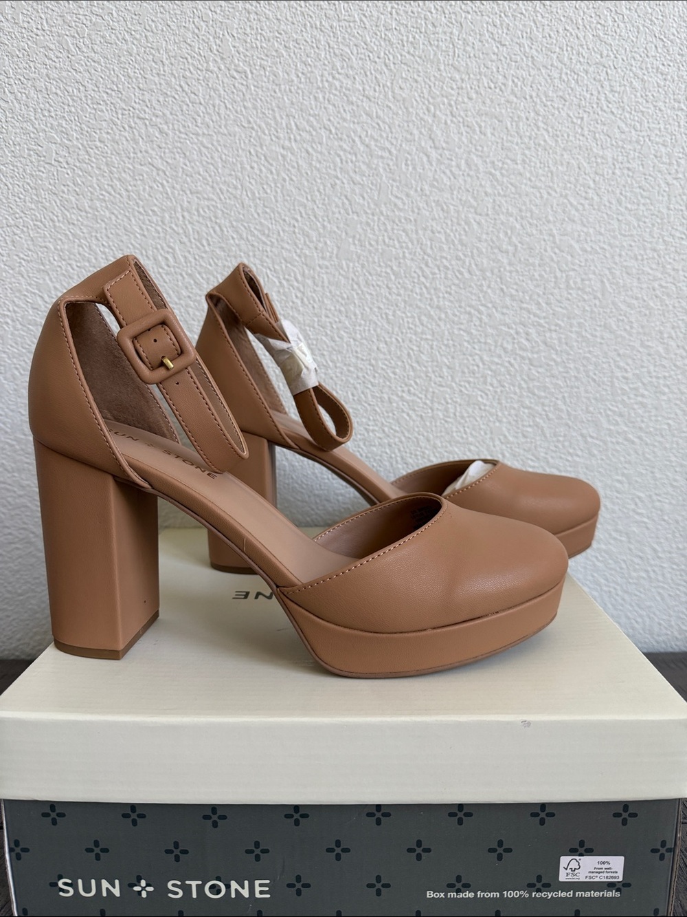 Sun + Stone Women's Birdey Nude Ankle-Strap Block Heels NIB